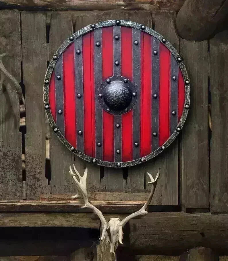 Front view of Artisans Hub Viking Wooden Shield in red, 24-inch handmade design