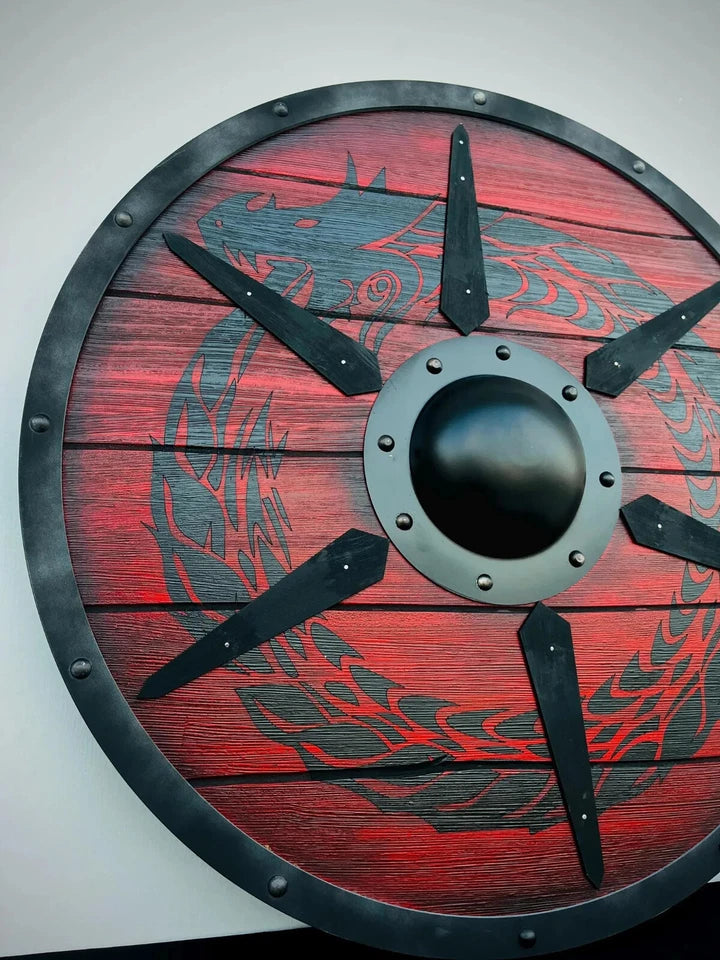 Close-up of wood grain and steel details on Viking Dragon Shield