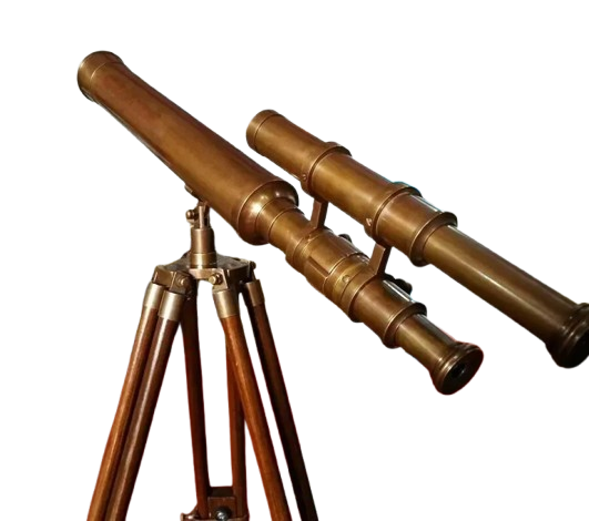 Detailed close-up of the handcrafted wooden tripod stand for Artisans Hub antique brass telescope