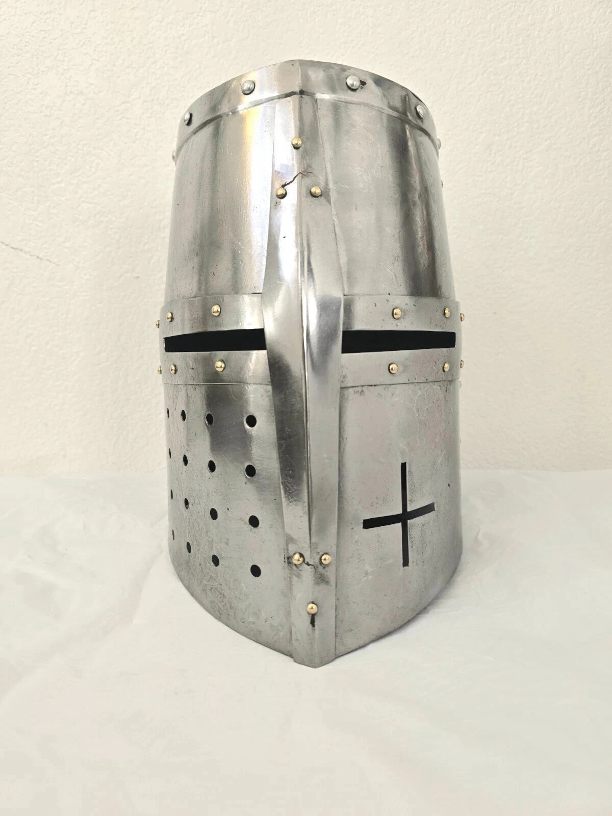Front view of Artisans Hub Medieval Templar Crusader Great Helmet, made of 18 gauge M steel