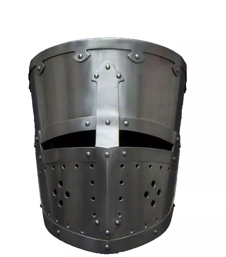 Front view of Artisans Hub Medieval Templar Crusader Knight Helmet made of 18 gauge iron, adult size.
