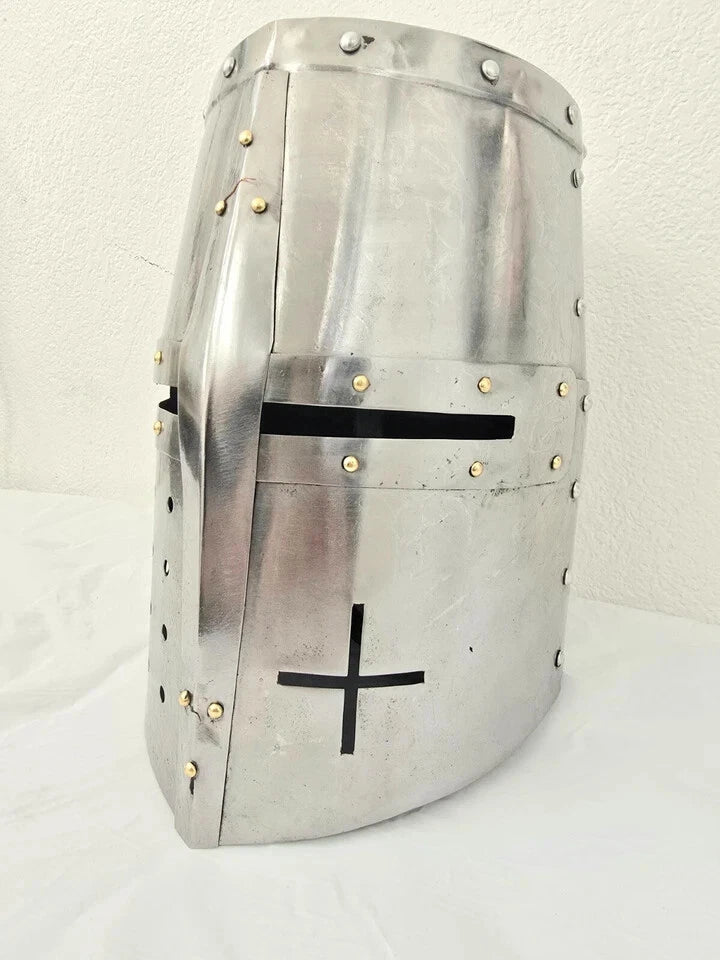 Left side view of Medieval Templar Crusader Helmet by Artisans Hub with adjustable leather straps