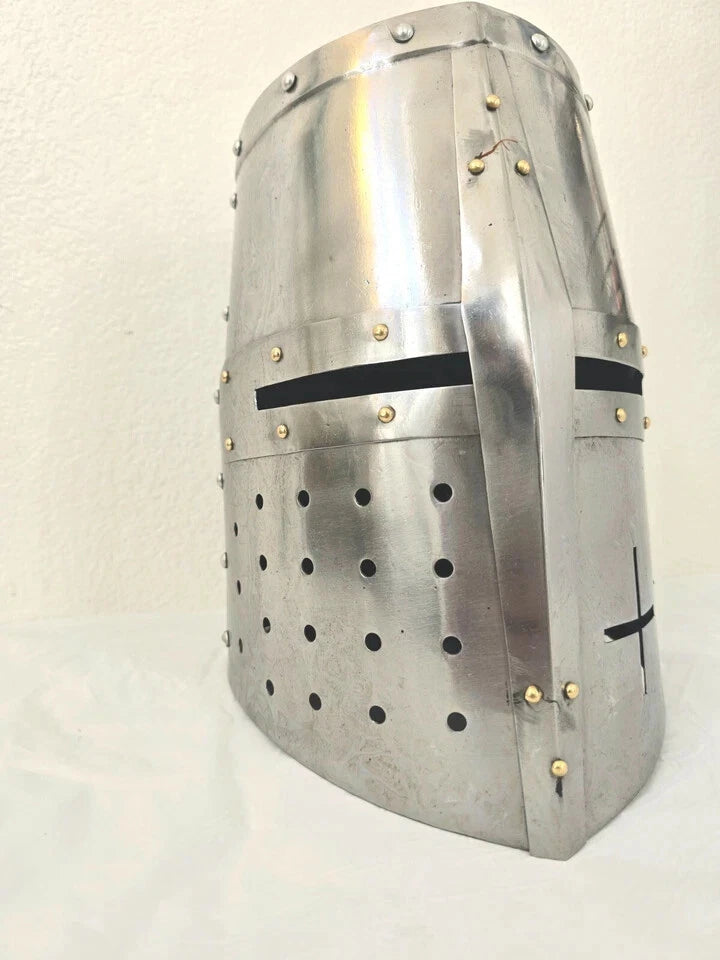 Right side angle of Artisans Hub Templar Knight Great Helmet showing handmade steel construction