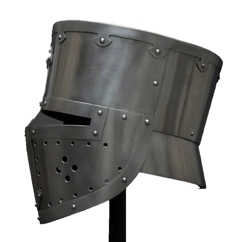 Left side view of Artisans Hub Medieval Templar Knight Crusader Helmet, perfect for cosplay and collection.