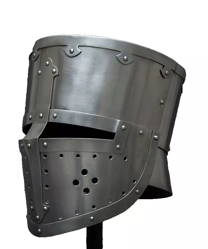 Slight left angled view of Artisans Hub Templar Crusader Helmet showcasing detailed iron craftsmanship.