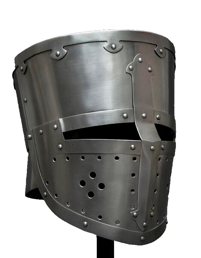 Slight right angled view of Artisans Hub Medieval Crusader Helmet highlighting iron armor details.
