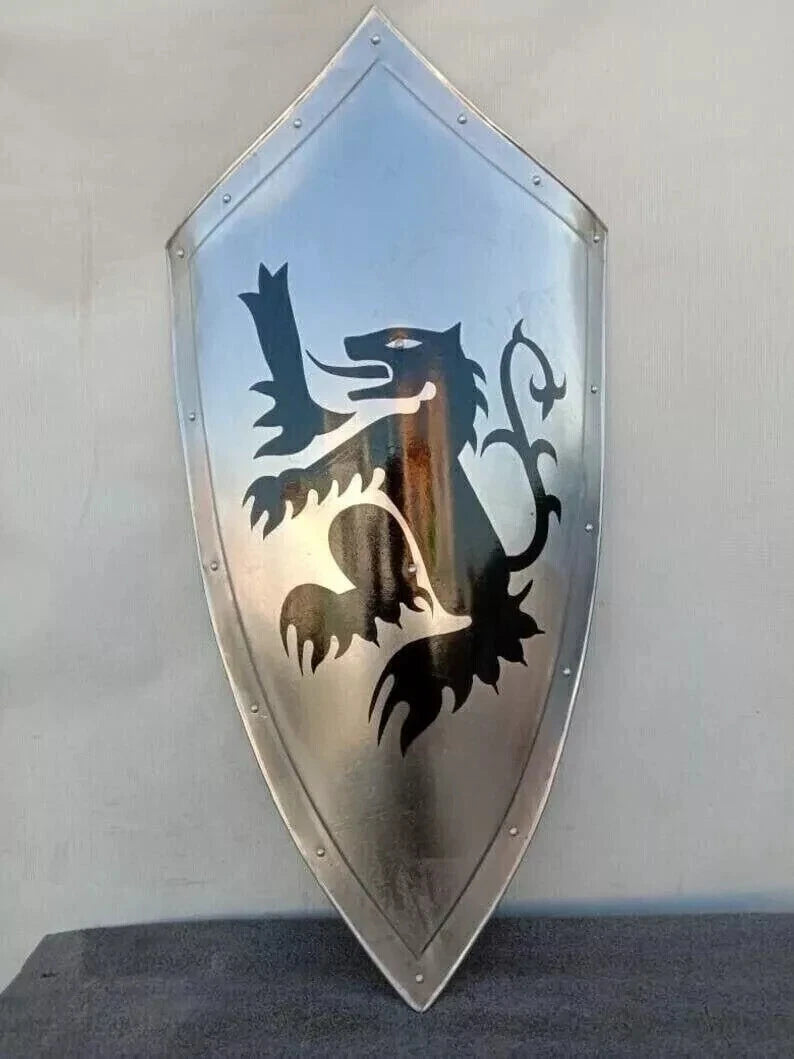 Front view of Artisans Hub Medieval Templar Crusader Metal Shield in steel, battle-ready for LARP