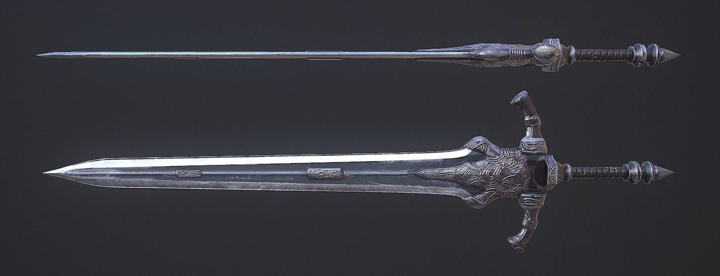 Close-up back view of the Greatsword of Artorias – Real steel fantasy replica by Artisans Hub