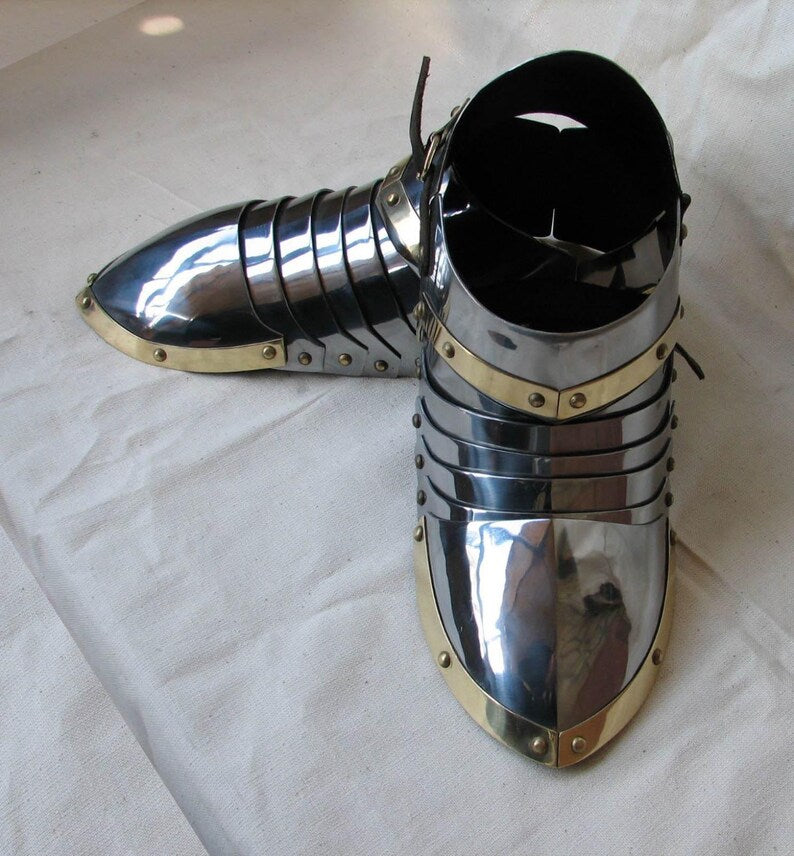 Authentic LARP and cosplay knight foot armor made from 18-gauge mild steel