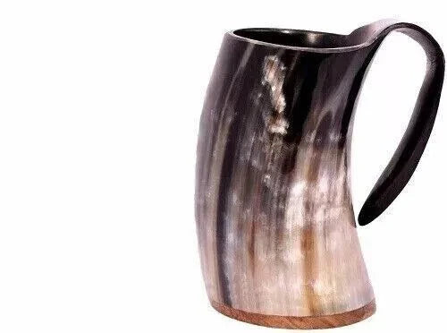 Side view of authentic medieval beer horn mug – natural material and polished finish