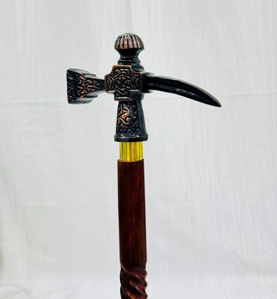 Secondary close-up of the Axe handle on the walking stick, highlighting craftsmanship and masculine style