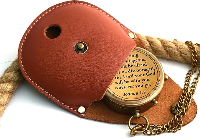 Inspirational Baptism and Confirmation Gift - Brass Compass with Engraved Joshua 1:9 Scripture and Wooden Keepsake Box