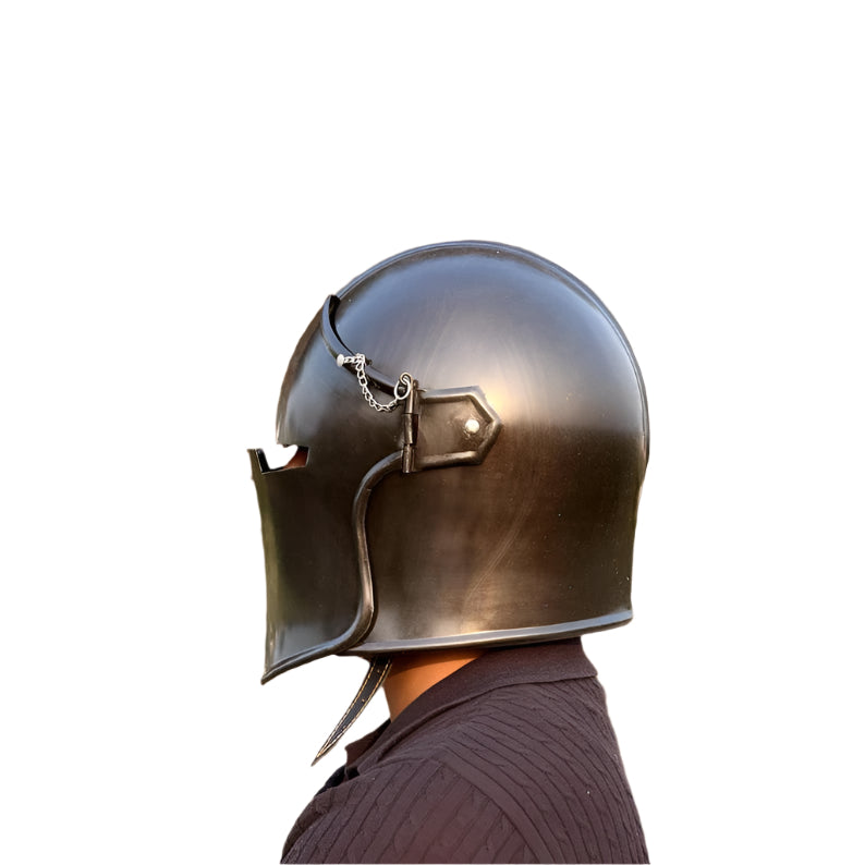 Black Barbuta Helmet displayed as part of a LARP and cosplay knight costume set.