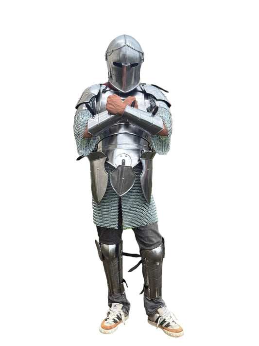 Barbuta helmet with chainmail details, authentic medieval cosplay armor for Renaissance festivals