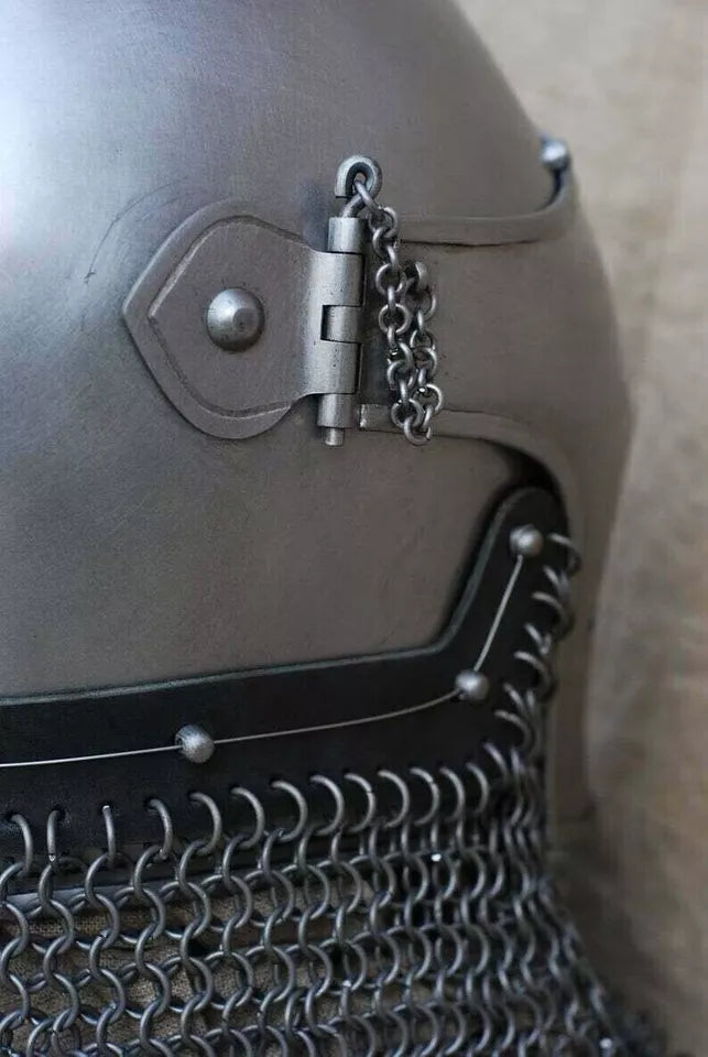 Inside view of Barbuta helmet showing padded liner and leather chin strap