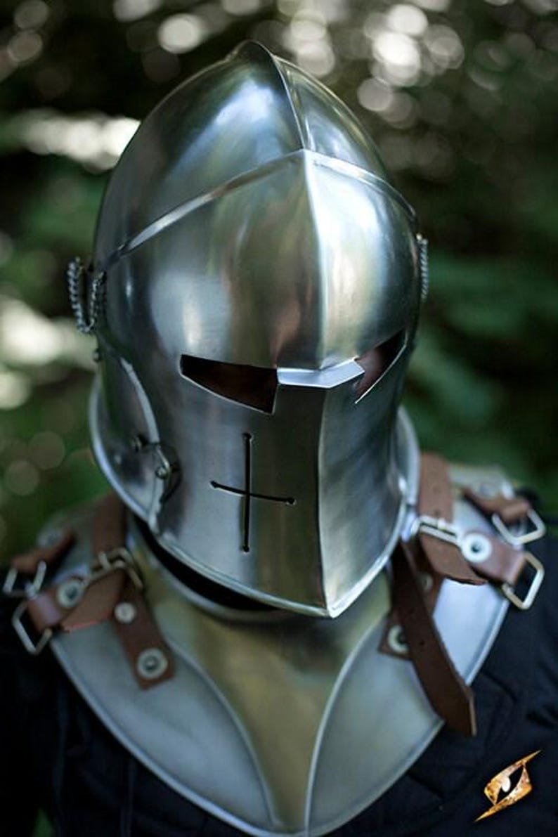 Barbute Visor Helmet displayed on wooden stand for collectors and cosplay