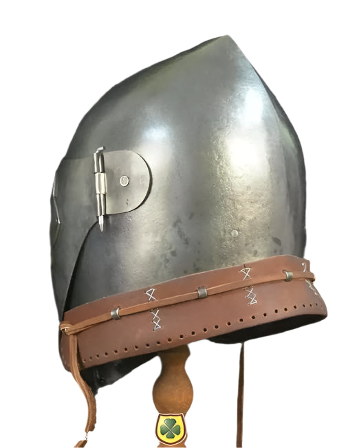 Interior view showing comfortable cushion and leather strap of the Bascinet helmet.