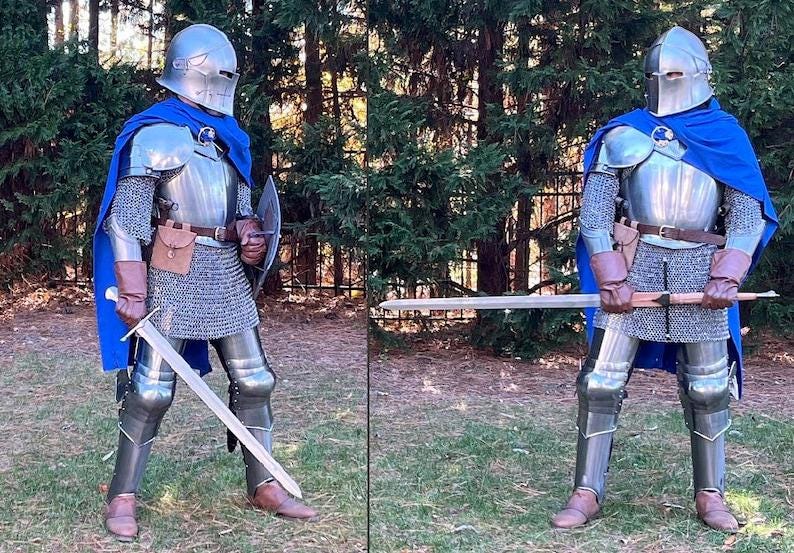 Battle-ready full plate armor set ideal for cosplay, LARP, reenactments, or display use.