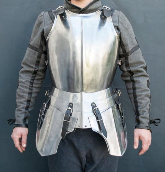 Side view of battle-ready steel half armor with leather strap detailing