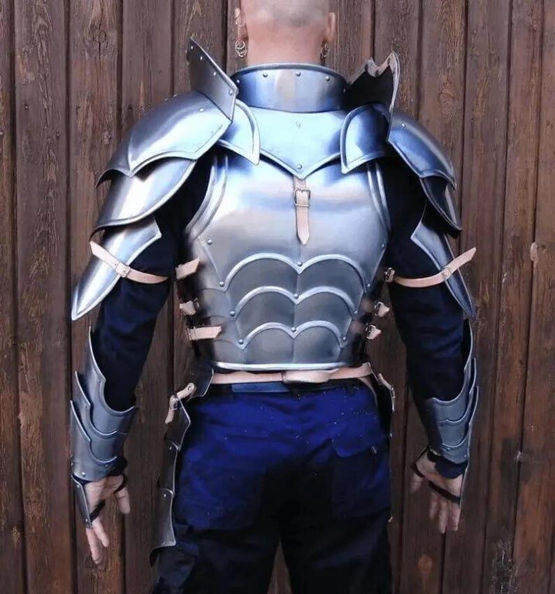 Close-up detail of battle-ready LARP armor suit in antique finish