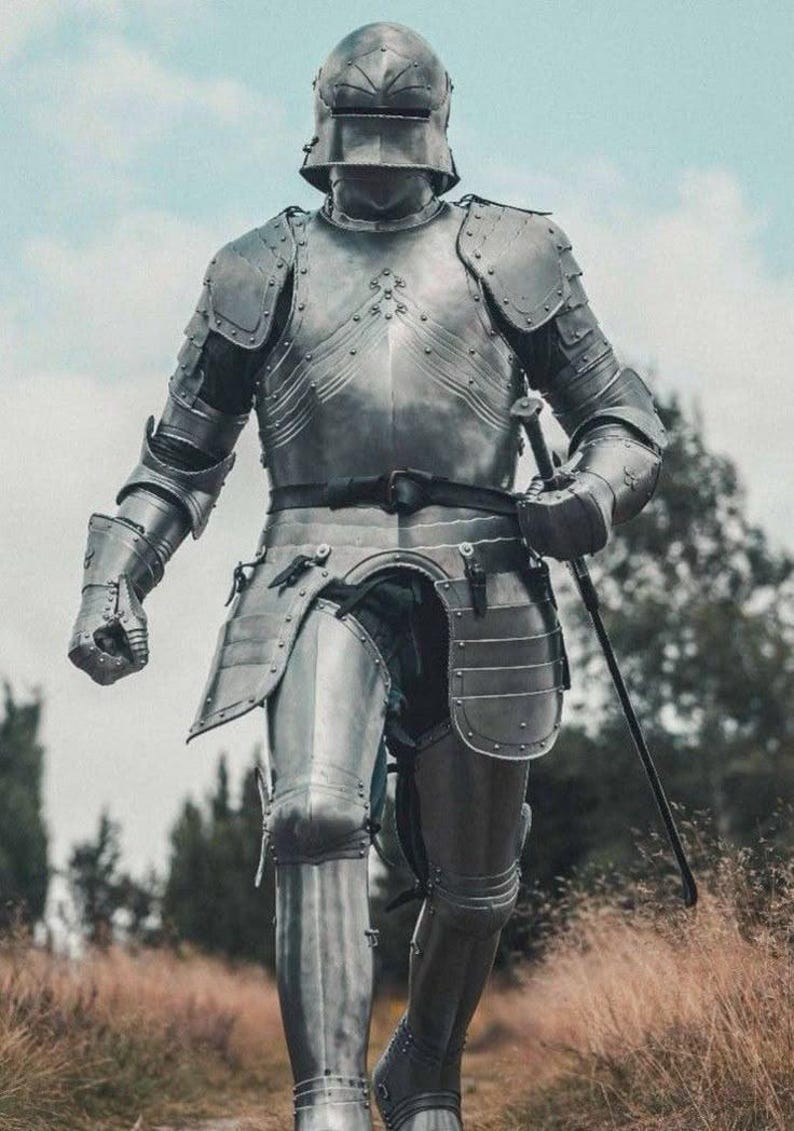Fully assembled battle-ready Gothic armor suit made of 18 gauge steel.