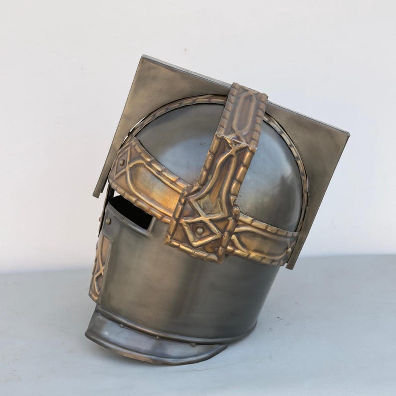 Handmade medieval dwarf helmet with satin polish and battle damag