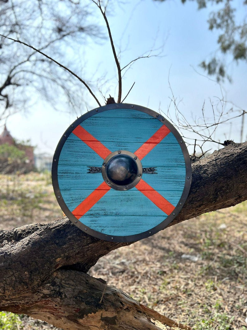 Battleworn Viking shield featuring Norse mythology styling for cosplay and display