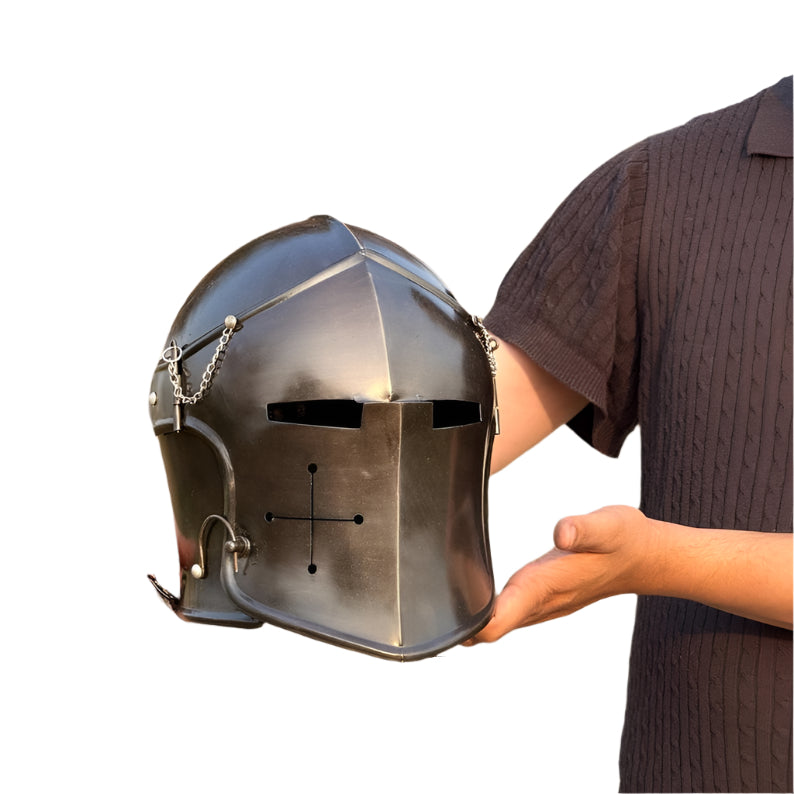 Front view of the Black Barbuta Helmet crafted from 18-gauge mild steel, featuring a medieval visor design.