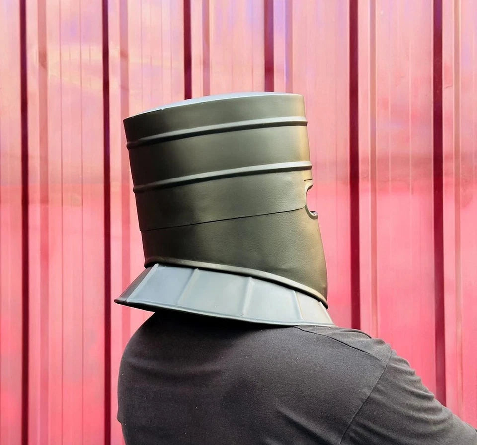 Close-up of the black powder-coated finish and feather detail on the medieval knight helmet