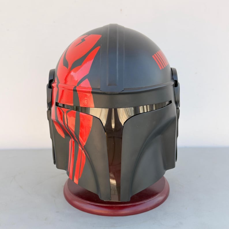 Front view of Black & Red The Mandalorian Helmet inspired by Boba Fett armor