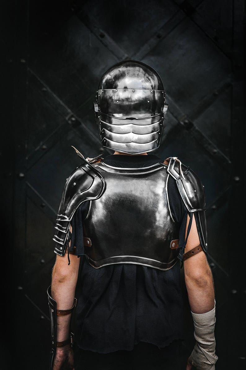 Back plate view of blackened steel armor – LARP cosplay prop replica