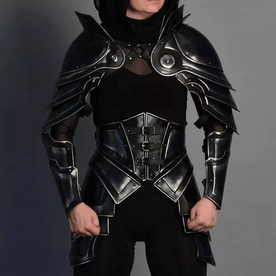Front view of LARP blackened steel half body armor showing cuirass and pauldrons, fully wearable and adjustable.