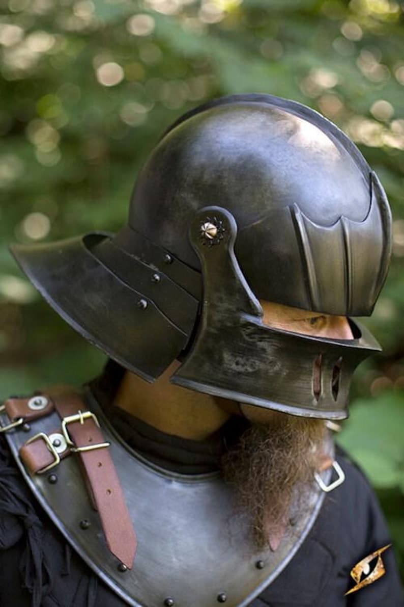 Blackened steel Sallet Helmet side profile on wooden stand