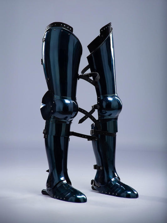 Blued steel leg armor set front view for cosplay and LARP