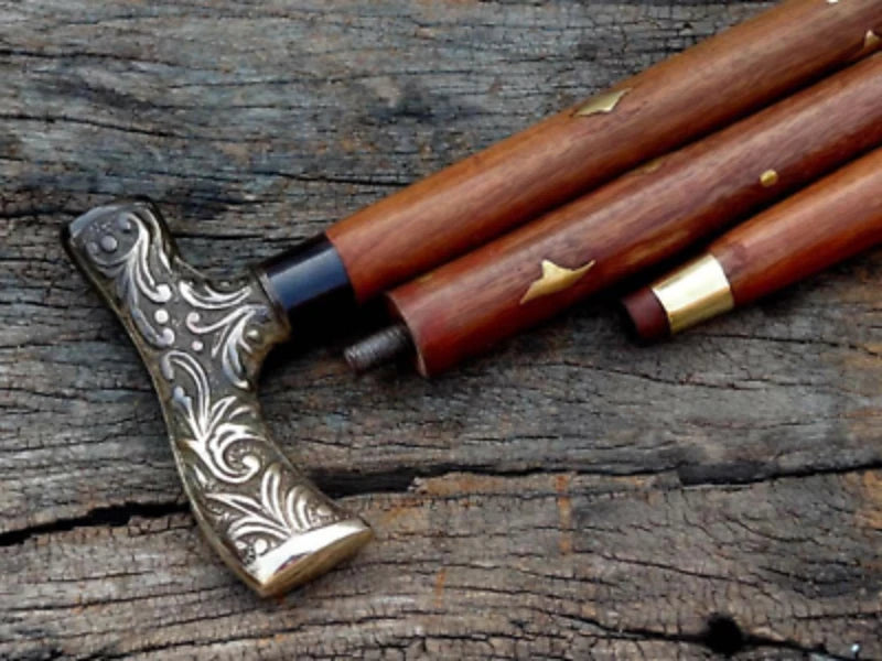 Maritime Marine Antique Brass Hammer Handle Walking Wooden Cane Sticks – 3 Fold Portable and Durable Design