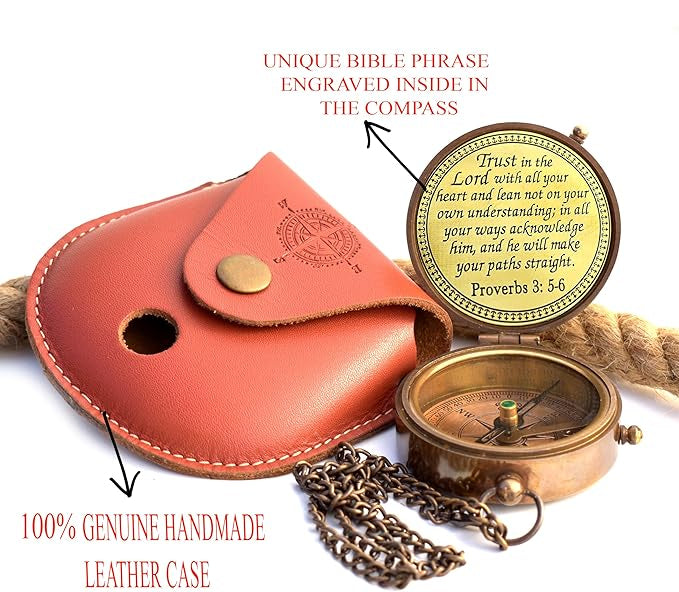 Solid brass compass with leather case featuring accessory pockets for storage