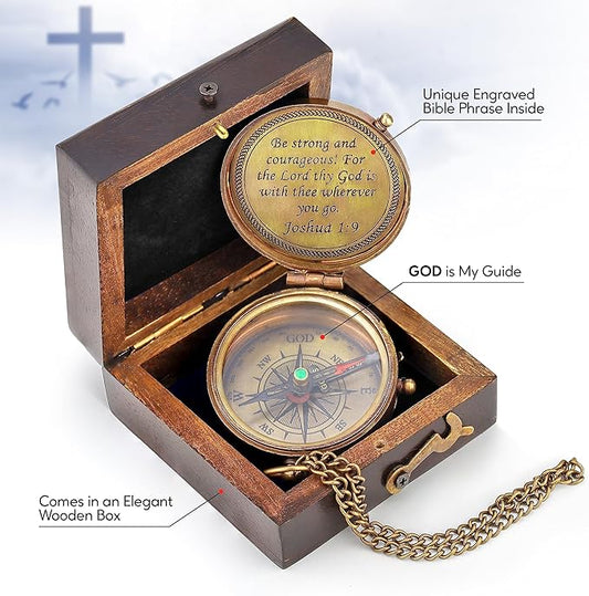 Handmade brass compass displayed on gold tabletop stand, perfect for home or office decor.