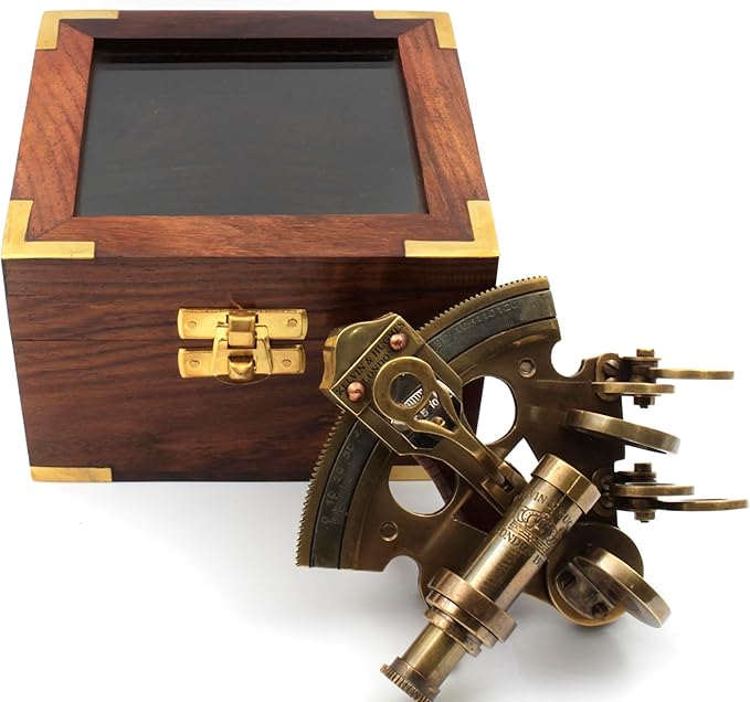 Brass maritime sextant placed in an elegant handcrafted rosewood box