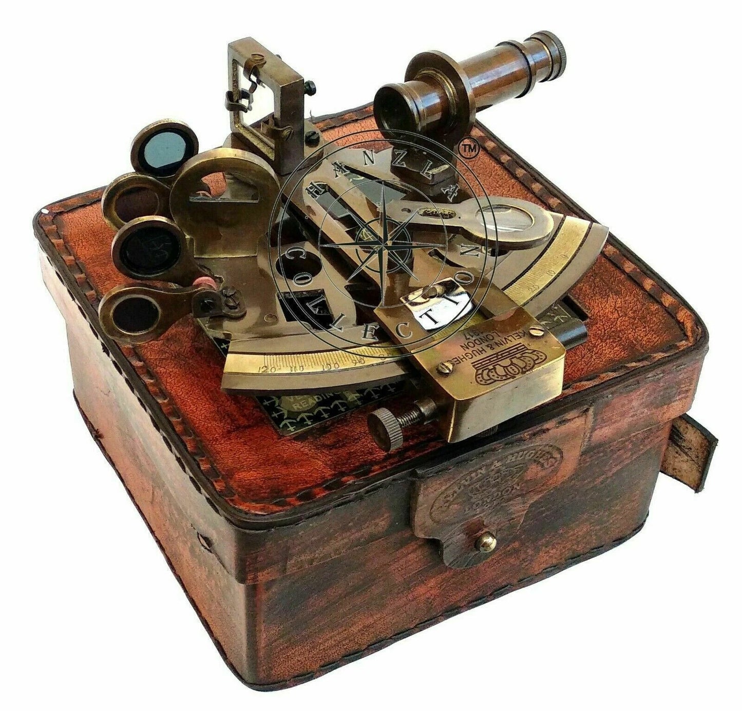 Handmade brass nautical sextant in vintage leather box for navigation and decor