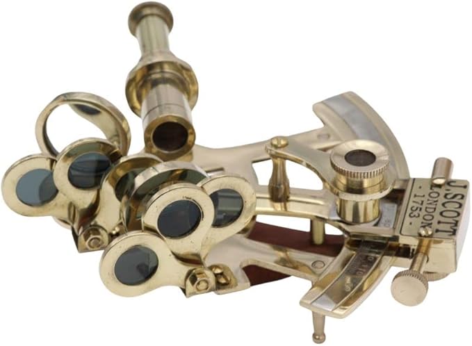 Functional brass pocket sextant with real glass optics and adjustable parts