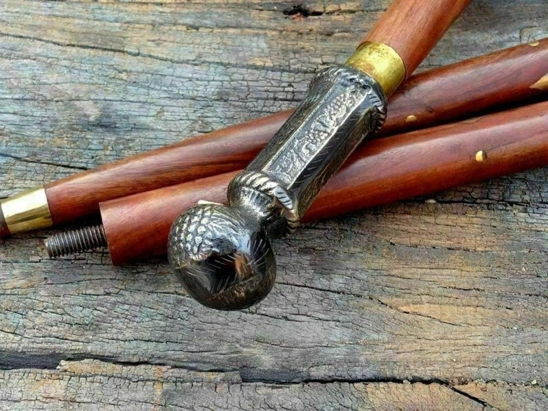 Brass ring removable handle vintage nautical walking cane wooden shaft