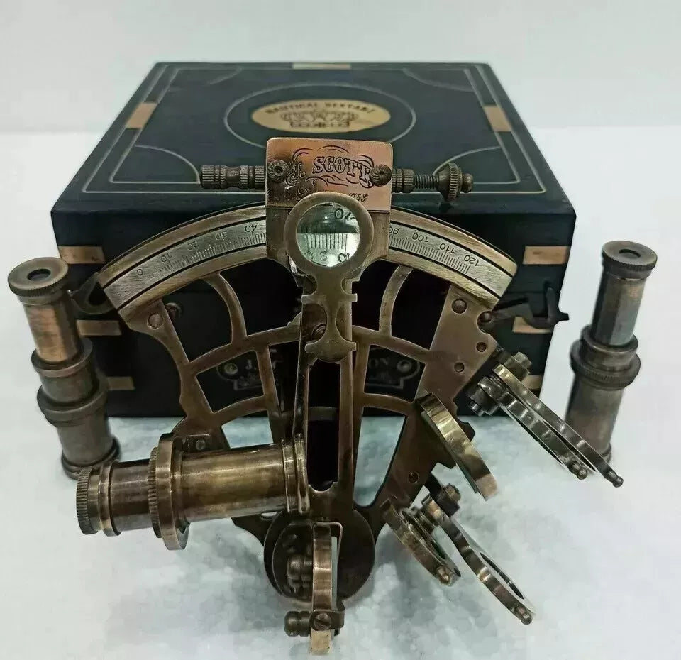 Brass sextant placed inside an engraved hardwood box ideal for maritime gifting