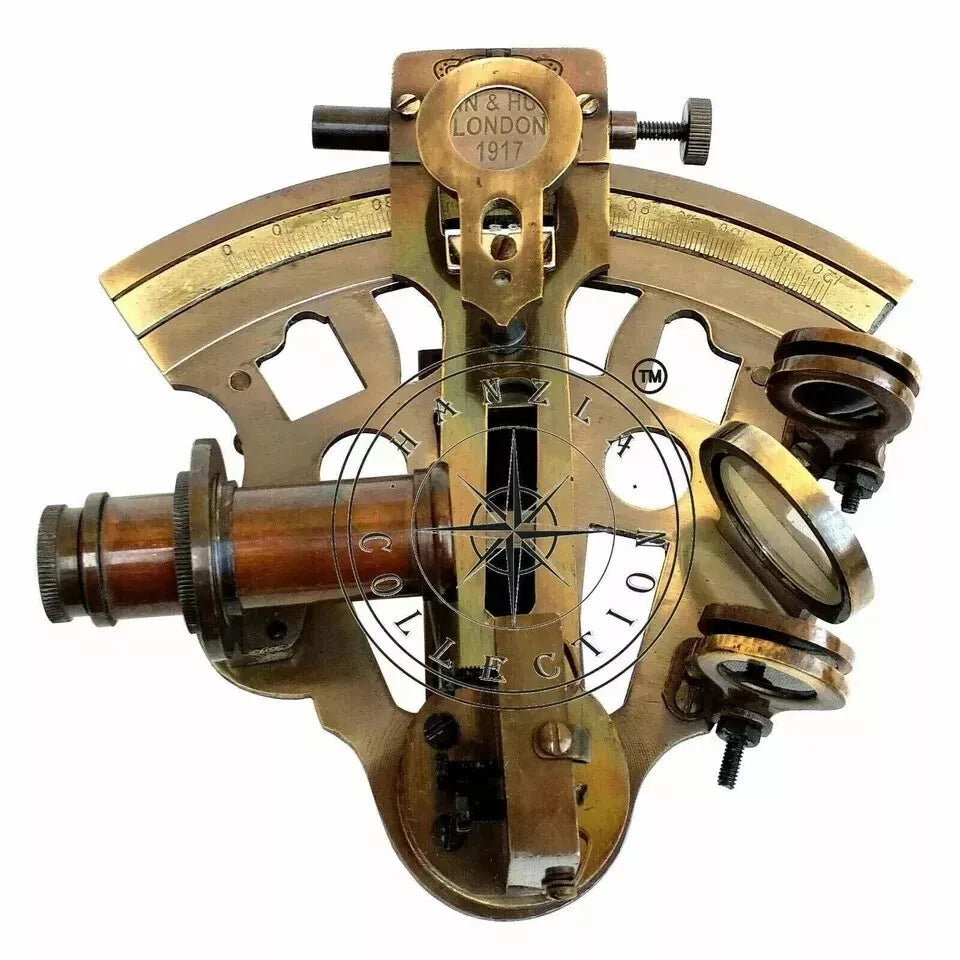 Brass ship sextant replica featuring antique finish and clear glass optics