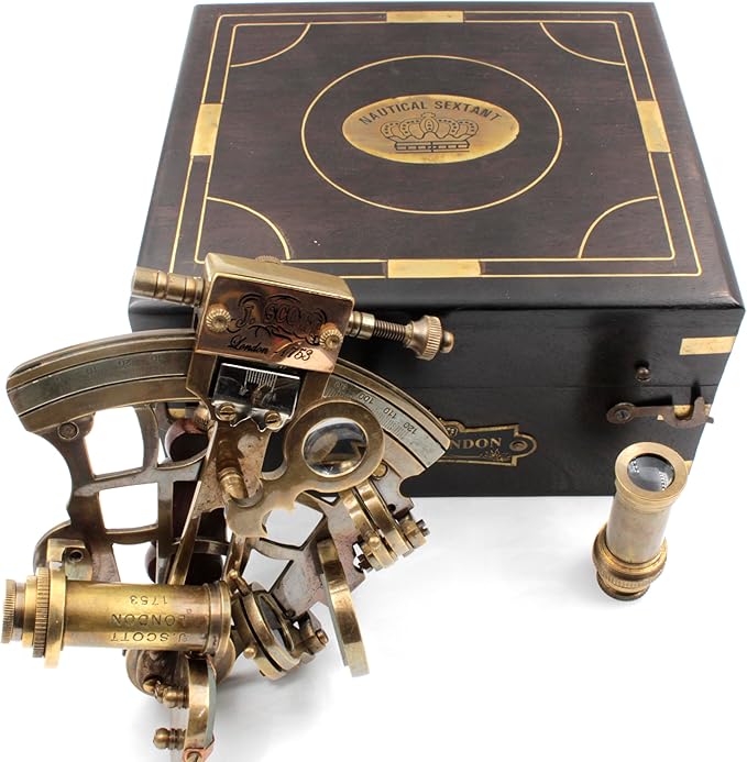 Vintage brass ship sextant mounted on tabletop for home decor