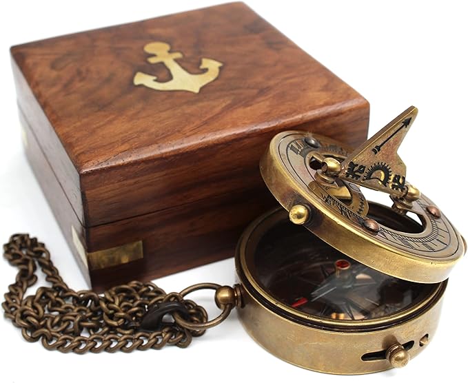 Brass sundial compass presented in a handcrafted wooden box, perfect for gifting.