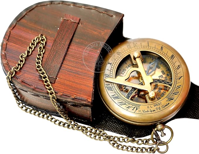 Handmade brass sundial compass with antique finish and leather storage case.