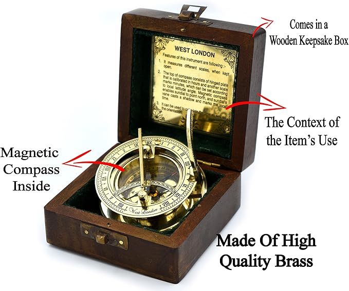 Brass Sundial Compass with Wooden Box - Perfect Wedding Anniversary Gift for Men