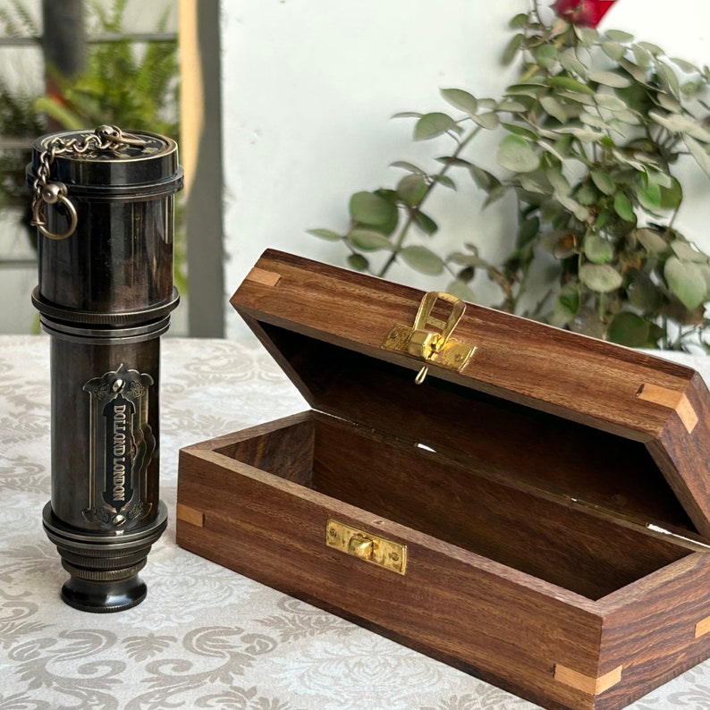 Brass telescope with open wood box for collector’s edition