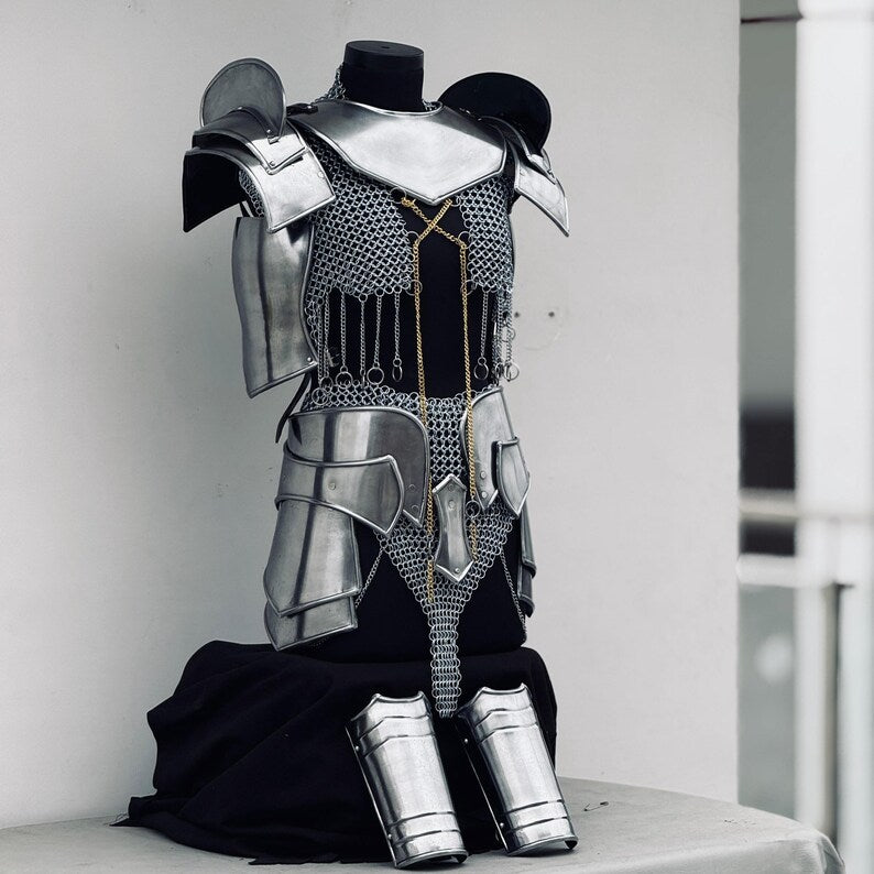 Back view of Brave Lady Chainmail Armor - Medieval Knight Armor for Women with Antique Finish