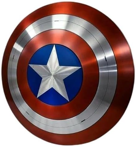Side angle showing the round design and mild steel construction of the Captain Shield LARP prop